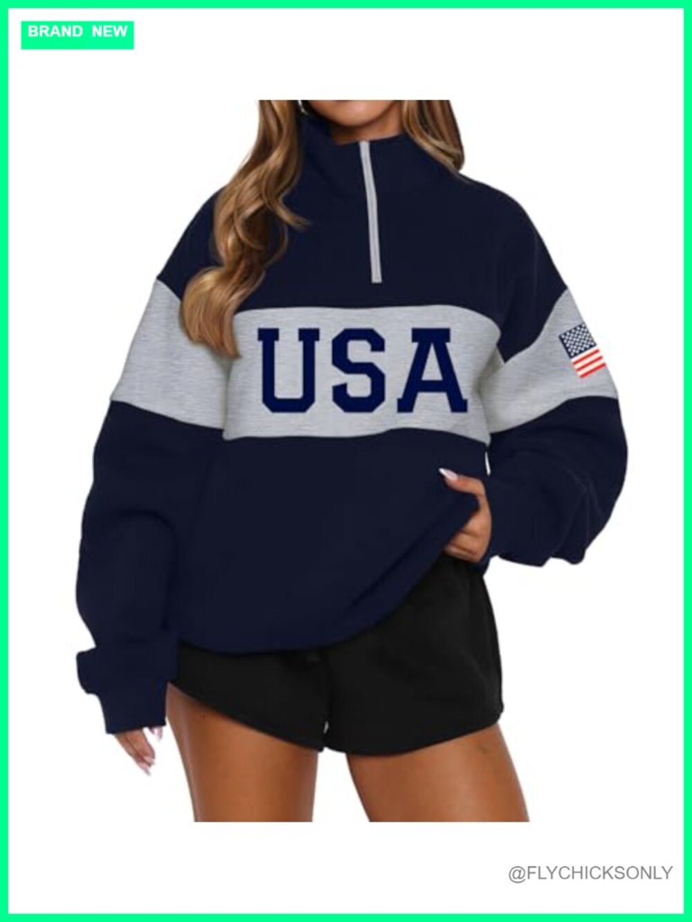 Women Long Sleeve American Flag Half Zip Sweatshirt Oversized Fleece